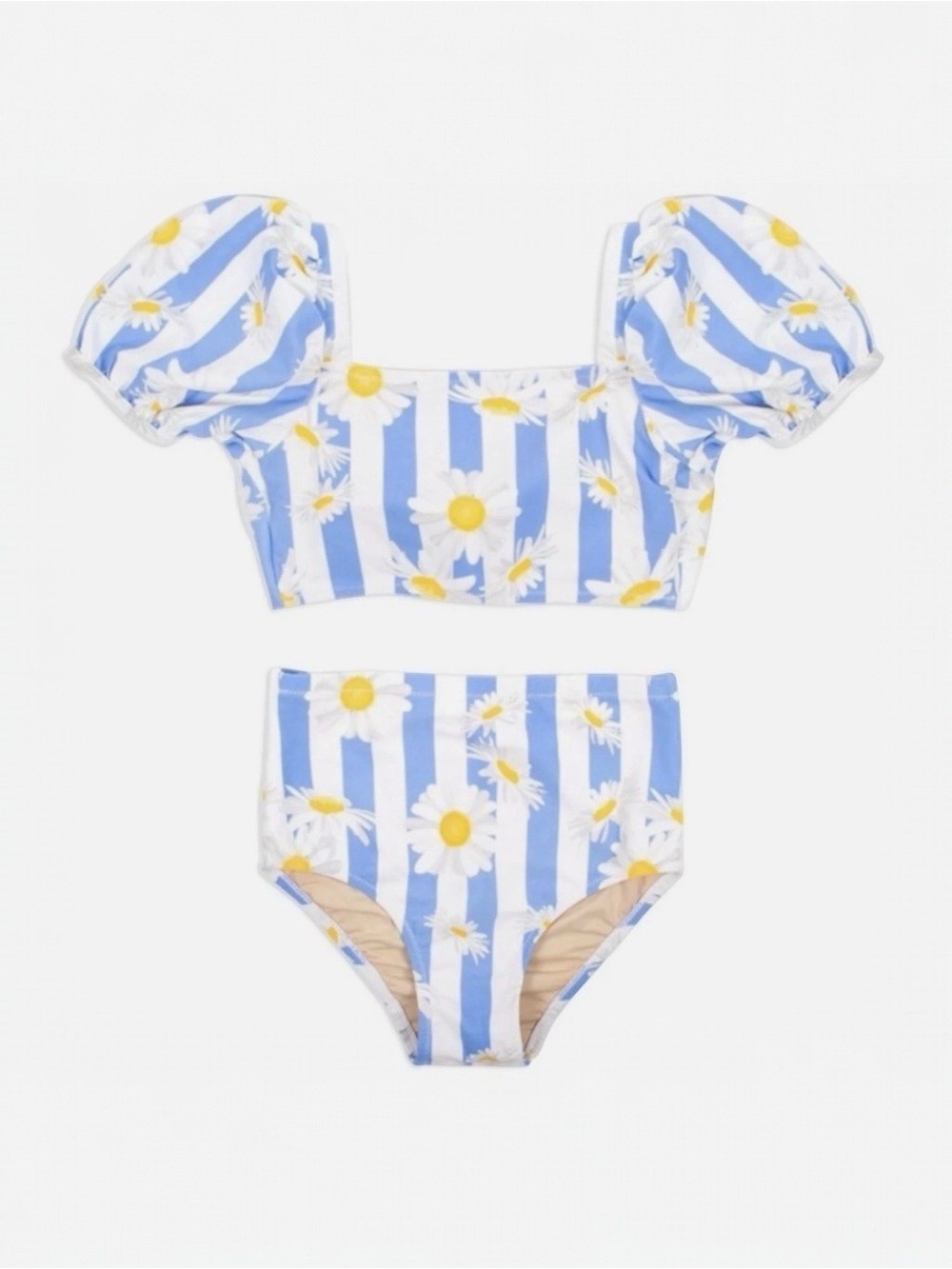 Shade Critters Blue White Daisy Stripe Puff Sleeve High Waist Bikini Girls 3T